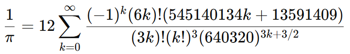 The Chudnovsky formula: 1 over pi equals 12 times the sum from k equals 0 to infinity of negative one to the k times (6k) factorial times (545140134k plus 13591409), all over (3k) factorial times (k factorial) cubed times 640320 to the power 3k plus 3/2.